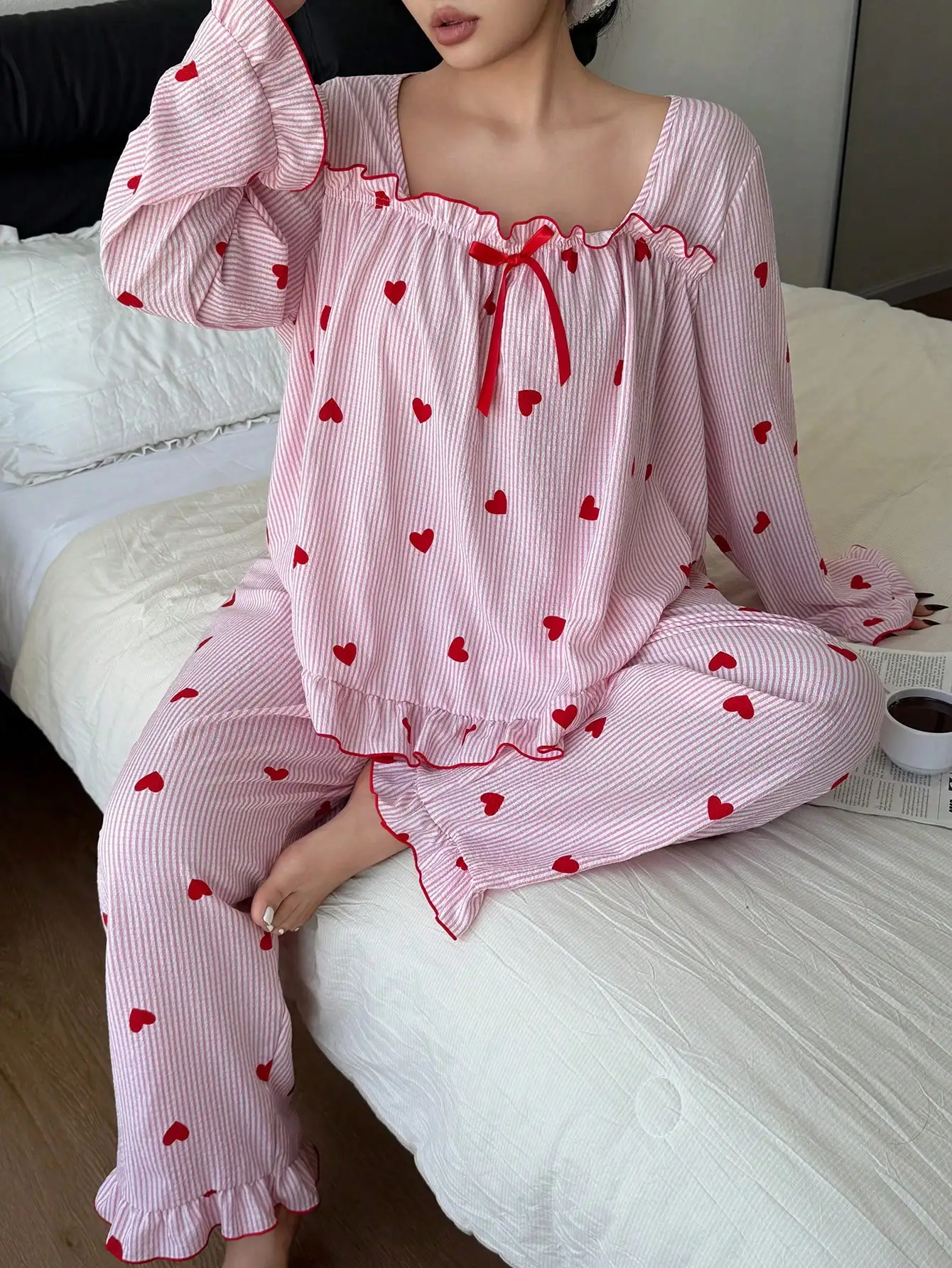 

Pink Striped Heart Print Ruffle Trim Long Sleeve Pajama Set for Women