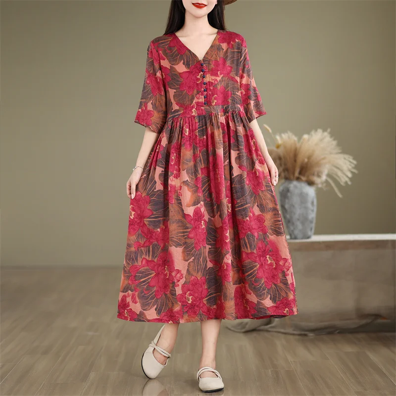 

Retro Cotton Linen Women's Dr Summer Loose V-ne Waist-cinched Belted Long Skirt Faionable Commute Sle ort Sve