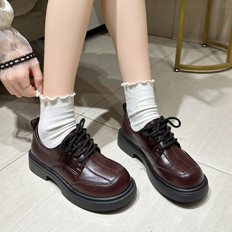 Splicing Lace Up Loafers Autumn New Round Toe Deep Mouth Thick Single Order Shoes