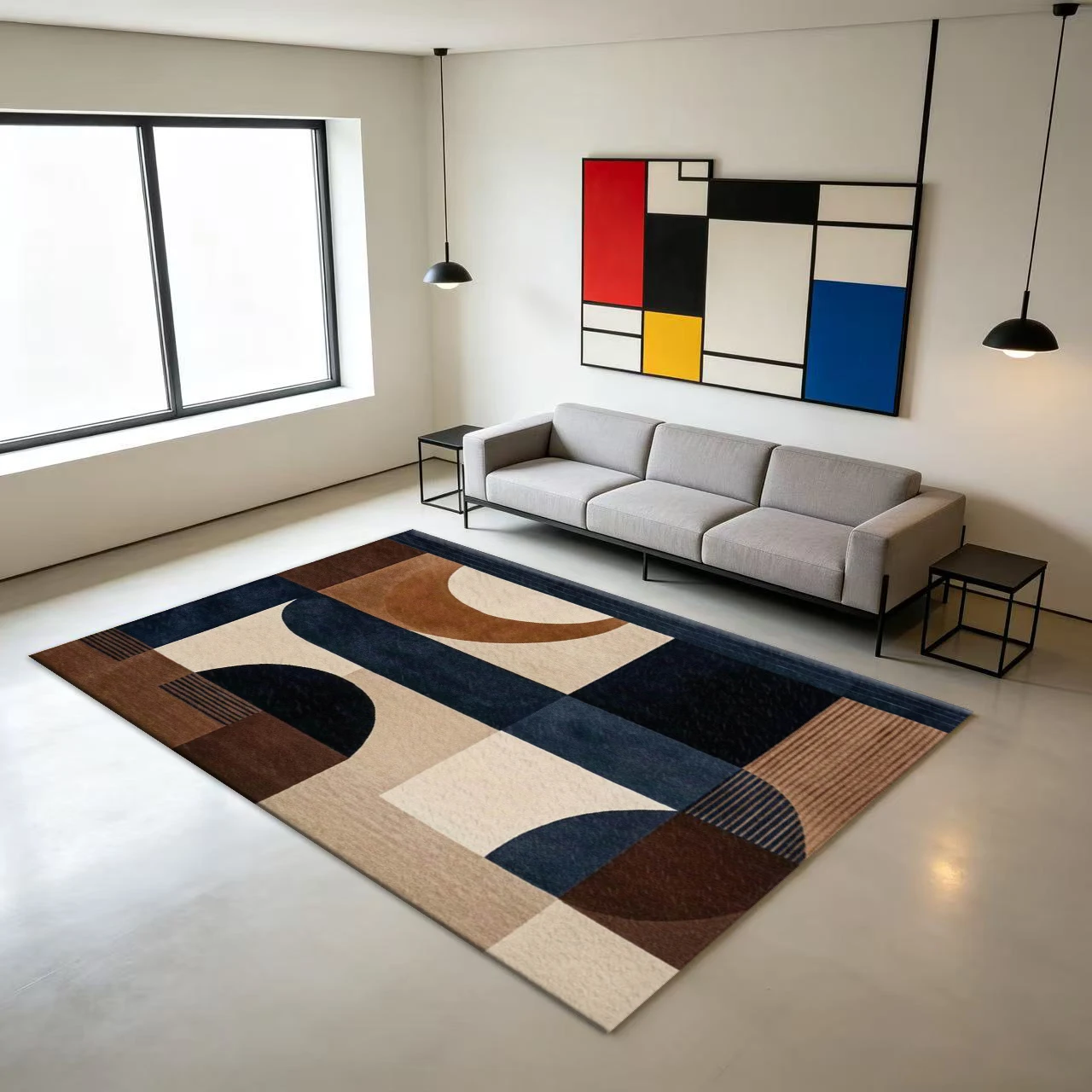 Mid Century Modern Abstract Geometric Arch Carpet Flooring, Boho Retro Non-Slip Area Rug for Living Room Bedroom Home Decor
