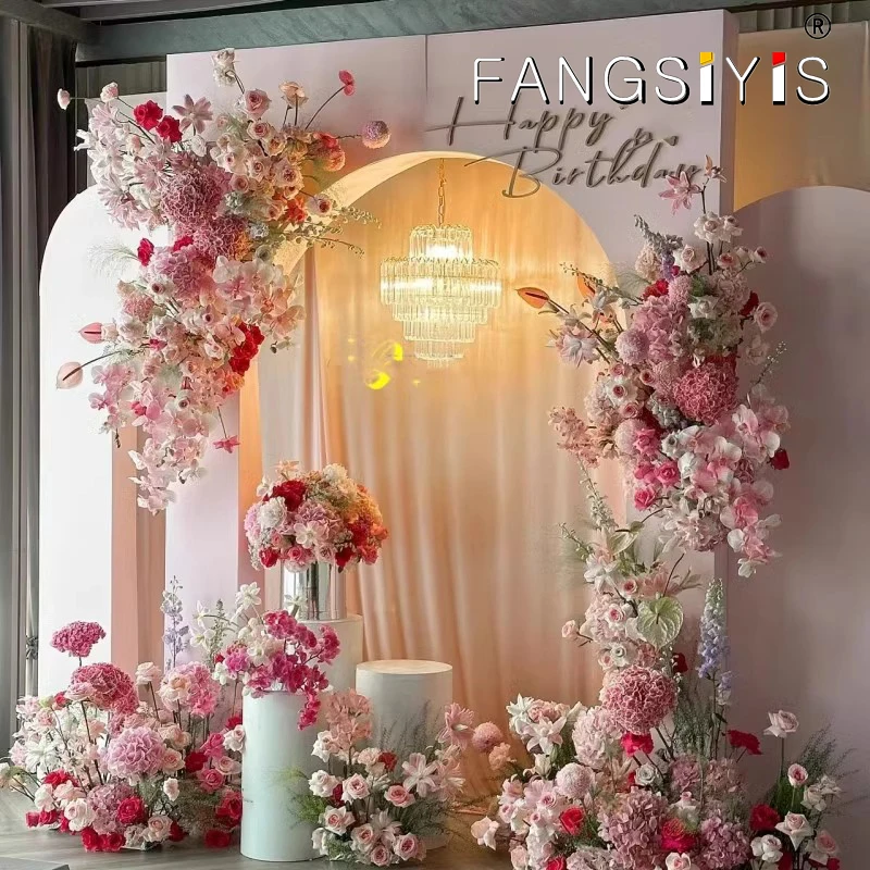 

luxurious pink Artificial Rose Arch Decor Hang Flower Row Wedding Backdrop Wall 5D Floral Arrangement Party Window Display prop