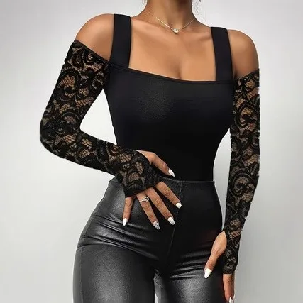 Off Shoulder Regular Sleeve Top Fitted Elegant Cross Border Style with Long Sleeves Spring Fitted Silhouette Bodysuit Women