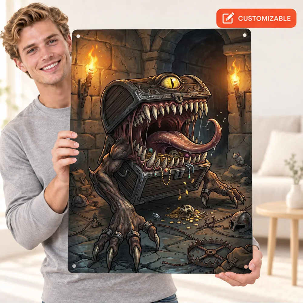 Monster Treasure Chest In Dungeon Printed Poster Personalized Aluminum Metal Sign Cartoon Illustration Wall Art For Living Room