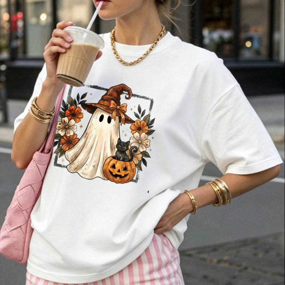 Halloween Ghost Witch Hat Graphic T Shirt Retro Floral Ghost Black Cat Jack O Lantern Pumpkin Fall Autumn Spooky Season Print