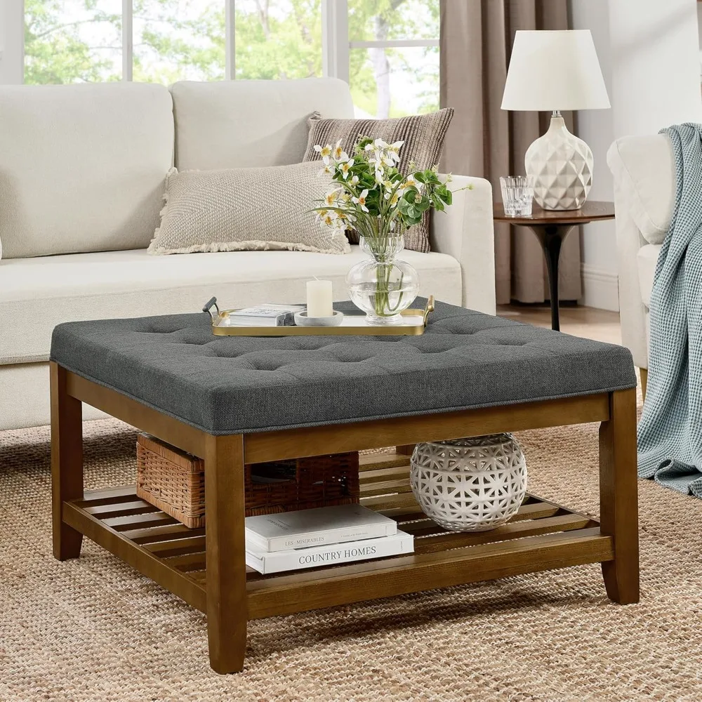 Large Square Ottoman Coffee Table with Storage Shelf, Upholstered Tufted Linen Foot Stools Ottoman for Living Room