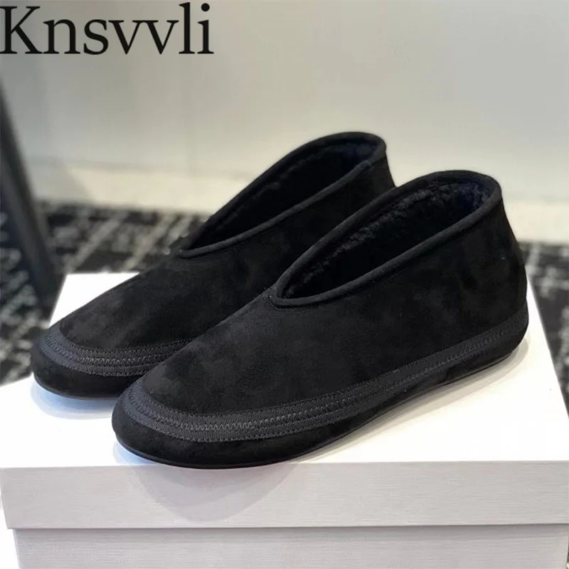 

Winter Shoes Woman Cow Suede Round Toe Slip-On Flat Shoes Wool Warm Short Boots Woman Comfort Walk Shoes For Women