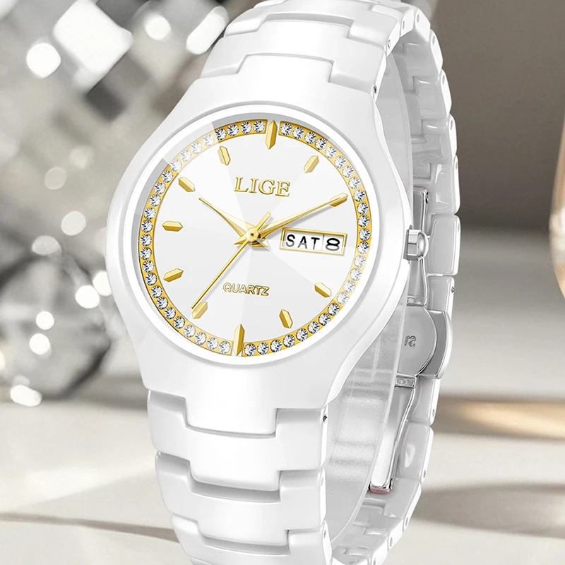 LIGE Women's wristwatch elegant women's watch ceramic quartz waterproof clock week calendar fashion Watch for Women reloj mujer
