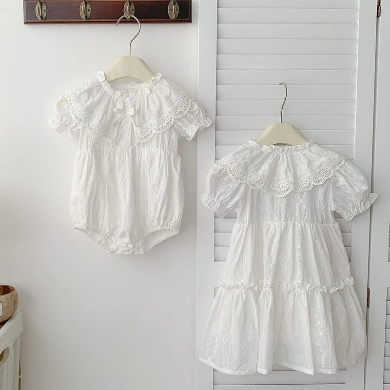 2025 Summer New Sister Dress Kids Princess Dresses 2-6Yrs Girl Party Lace Dress Sister Cotton Embroidery Baby Girl Romper