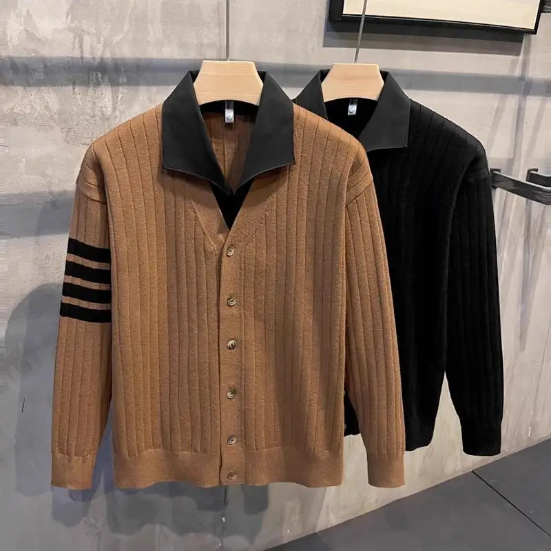 

Вязаный свитер с четырехполосным воротником для мужчин, повседневная зимняя верхняя одежда, открытый кардиган, молодежный модный стиль