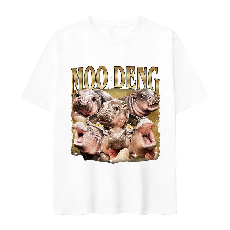 Vintage Moo Deng Baby Hippo Funny Meme T Shirts Men Women O-Neck High Quality Fashion T-shirt Tops 100% Cotton  Oversized Tshirt