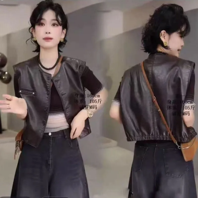 Women's Retro PU Vest Short Versatile New High-end Internet Celebrity Korean of Fashion Casual Locomotive Vest Jacket Outside