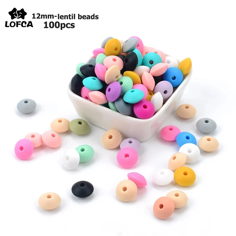 Perles lentilles en Silicone sans BPA, 12MM, 100 pièces/lot, breloques pour nouveau-né, accessoire de soins infirmiers, collier de dentition, jouet