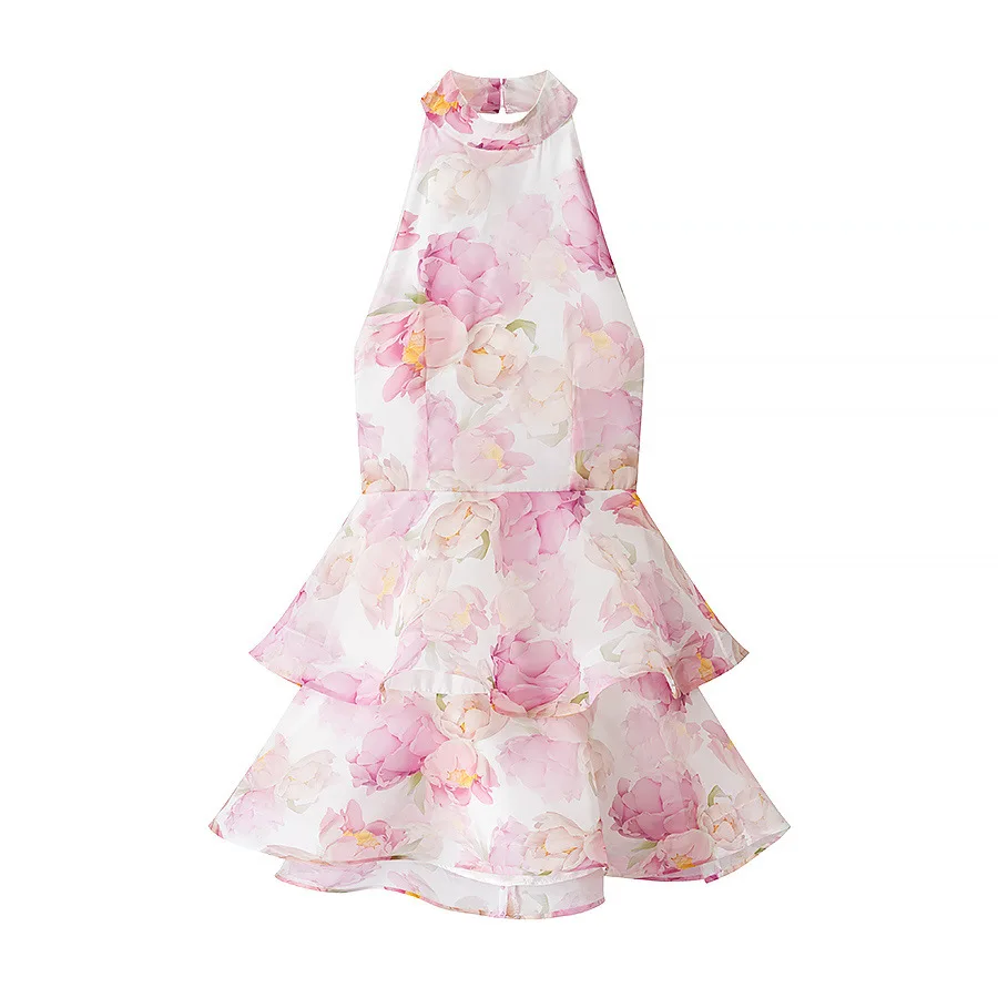 

2025 New Women's Fashion Sweet Wind High Sense Short Skirt Hanging Neck Elegant Temperament Printing Sexy Backless Dress Lady