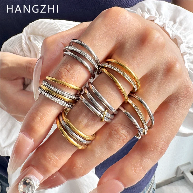 HangZhi Minimalism Stainless steel Rhinestone Multilayer Stacked Ring Gold Sliver Color Punk Y2K Charms Jewelry for Women New In