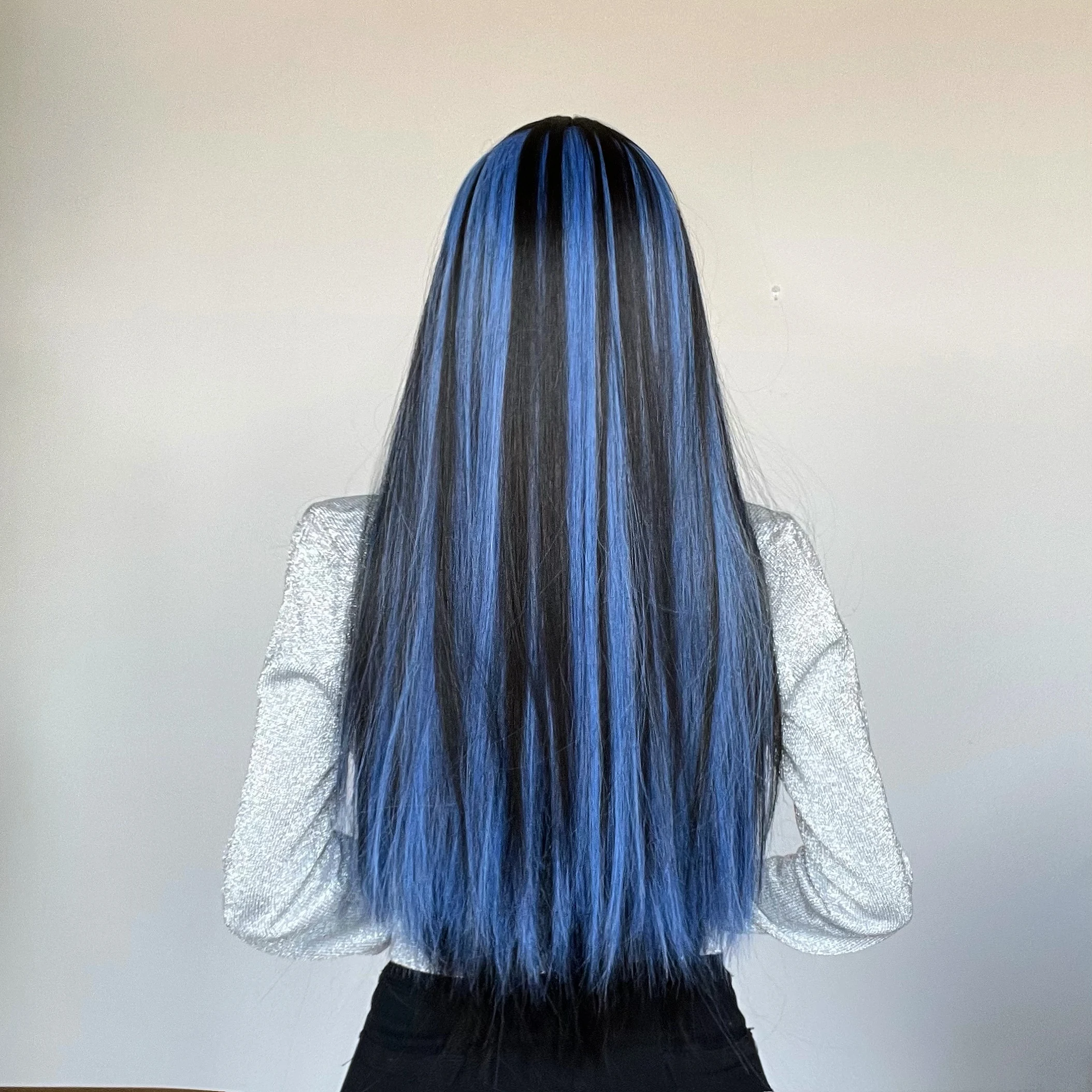 Long Straight Black Mixed Blue Synthetic Wigs with Bangs for Women Blue Black Colorful Cosplay Natural Hair Wigs Heat Resistant