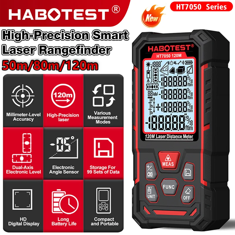 HT7050 Laser Distance Meter 50M/80M/120M Dual-Axis Electronic Level Digital Rangefinder Distance Area Volume Trapezoid Tester