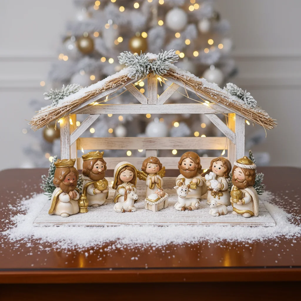 Juego de figuritas de escena de pesebre de Navidad, adornos decorativos de personajes de Natividad de dibujos animados para decoración del hogar de vacaciones y regalos