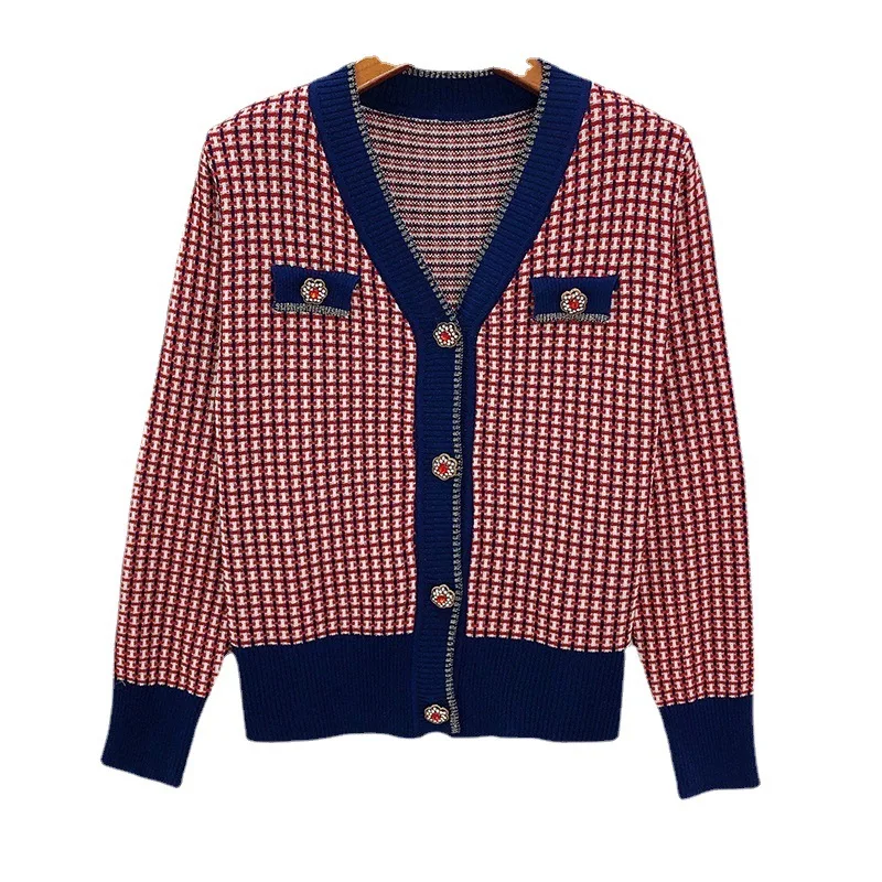 

Elegant V-Neck Designer Top Spring Autumn 2025 Rhinestone Button Cardigan Sweater with Bird Plaid Stitching - Women Collection
