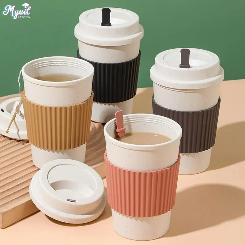 

470ML Coffee Cups With Lids Wheat Straw Reusable Portable Coffee Cup Dishwasher Safe Coffee Mug Coffee Tea Travel Cups