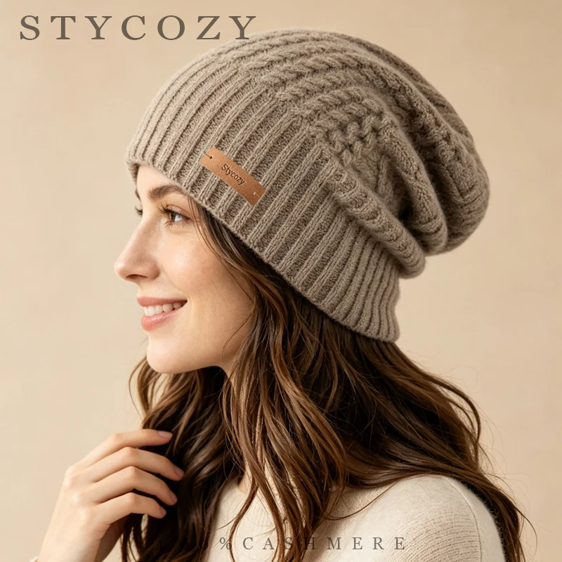 Women Men 100% Cashmere Cable Knit Winter Beanie Wavy & Diamond Pattern Ear Flap Hat  Warm Casual Cold Cap for Autumn Winter