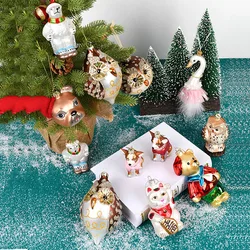 Glass Painting Christmas Tree Cute Puppy Pendant Ornament Owl Swan Cat Little Bear Small Animal Christmas Decoration Kids Gifts