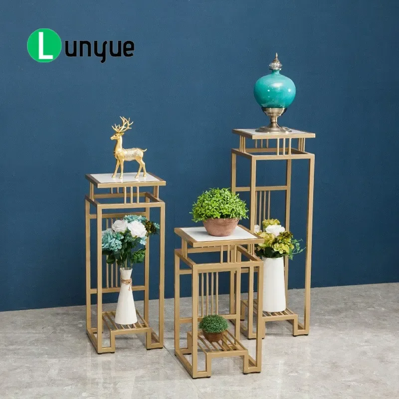 European Wrought Iron Gold Flower Pot Rack Double Shelf Light Luxury Indoor Living Room Home Decor Simple Plant Stand Holder