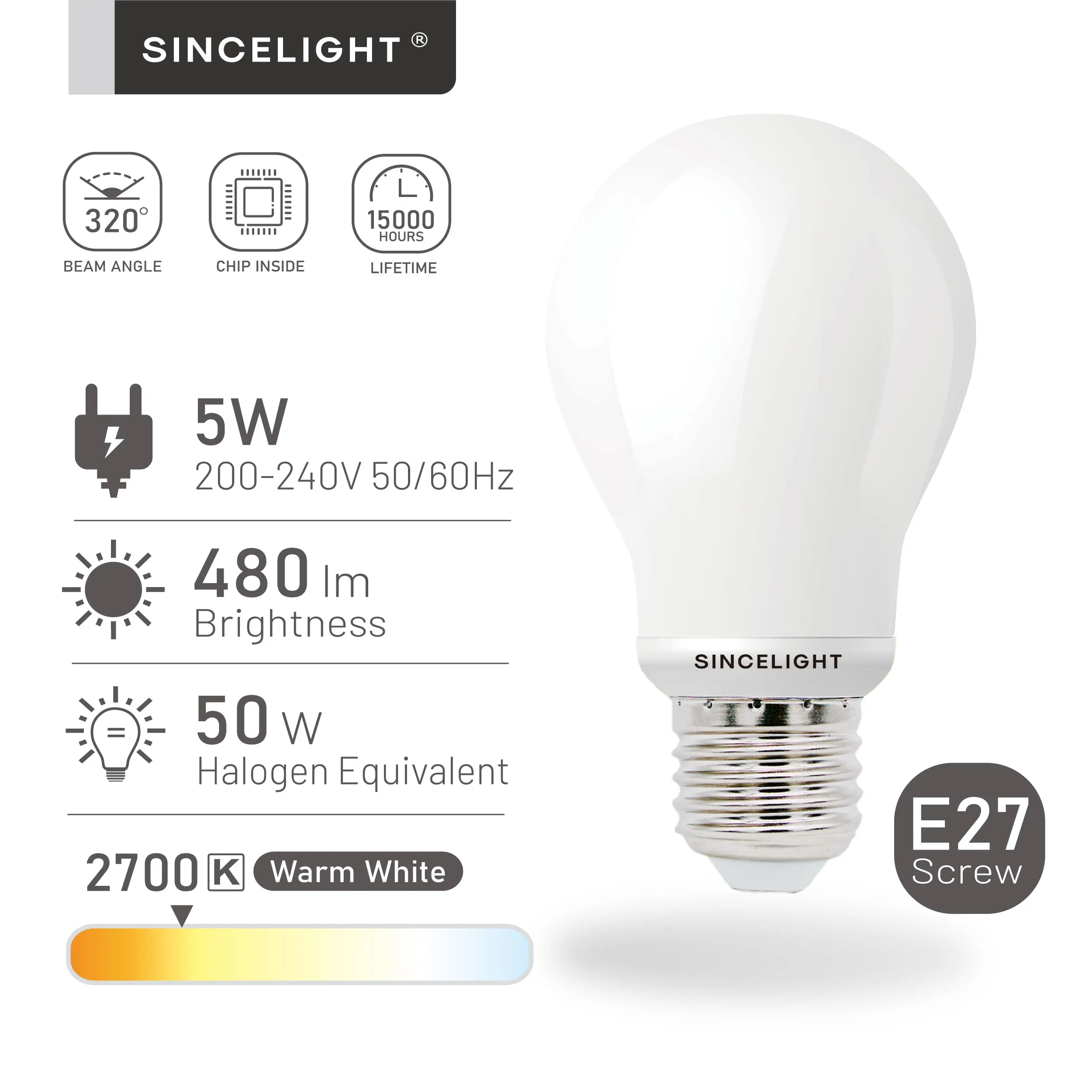 Pack of 4, 5W LED A60 Classic Light Bulb with E27 Base (All-Beam) Omni-Directional 2700K 5W (480lm) Equivalent to 50W