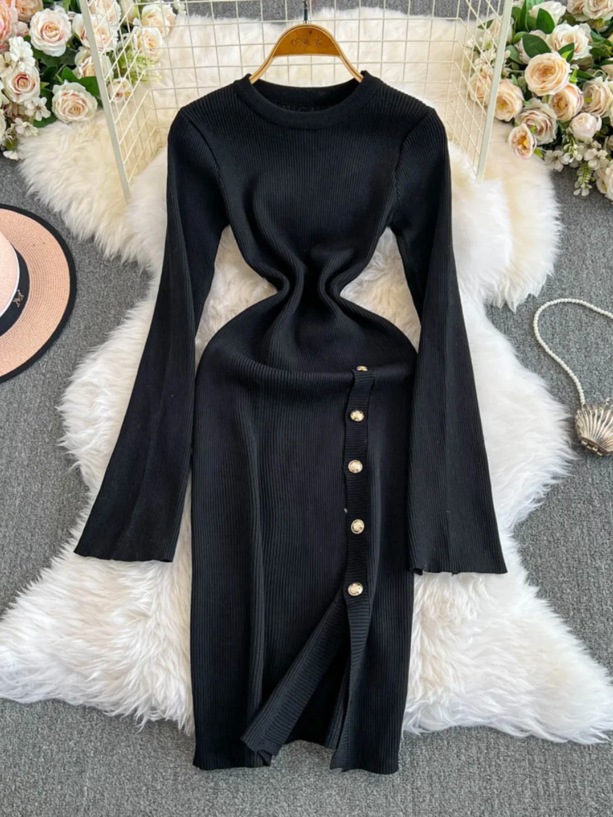 Foamlina 2024 Winter Autumn Tight Elastic Knitted Dress Front Split Design Breasted Round Neck Sweater Long Dress for Women