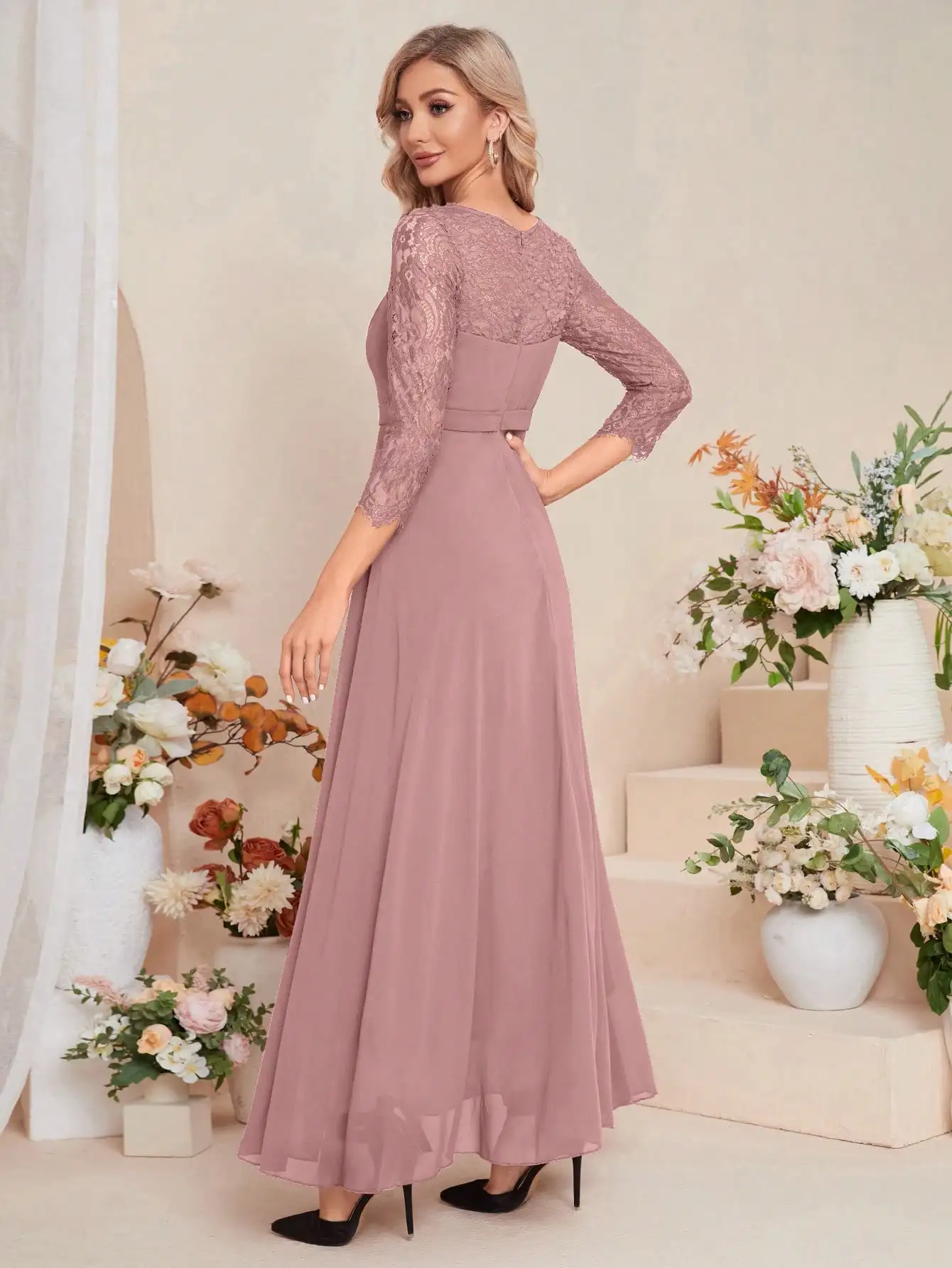 Unithorse Elegant Contrast Lace Chiffon Bridesmaid Dress