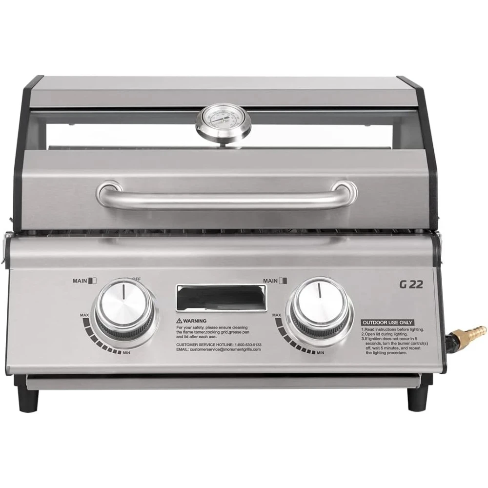 Portable Propane Gas Grill 2-Burner Tabletop Clearview Monument Grills for Outdoor Camping Cooking, Two 15,000 BTU Burners