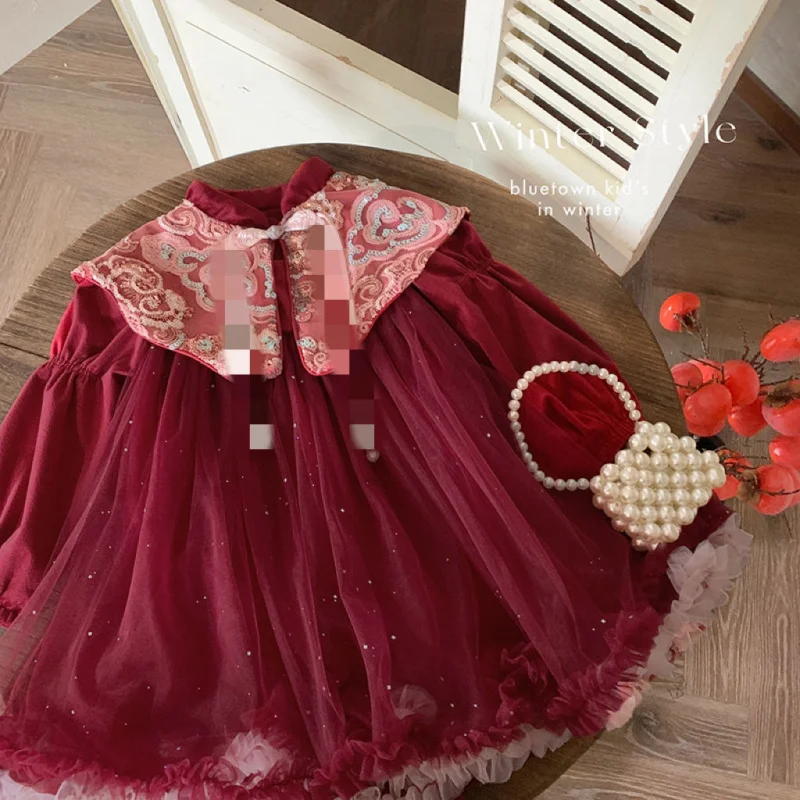Mädchen Winter Pailletten Cloud Shoulder Neujahrskleid Prinzessin Gown2025Neues, mit Fleece gefüttertes, trendiges Mesh-Kleid-Set für Mädchen