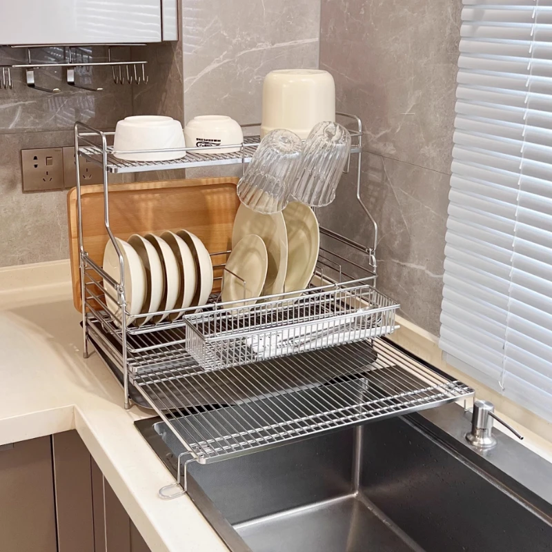Stainless Steel Double Tier Dish Rack Foldable Expandable Dry System Detachable Cutlery Holder Multi-Purpose Kitchen Organizer