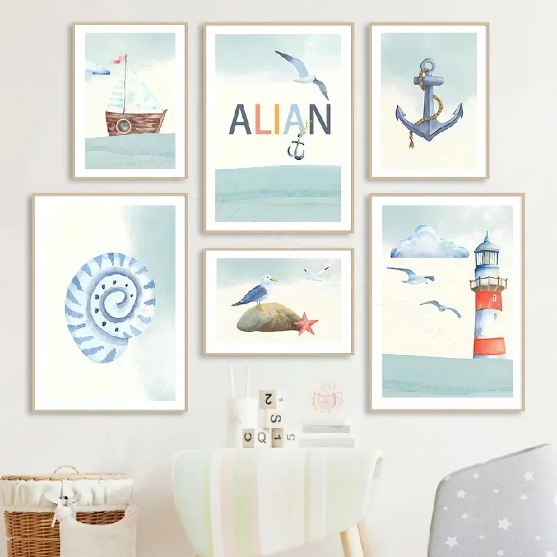 Lighthouse Seagull Sailboat Nautilus Name Custom Wall Art Canvas Painting Posters And Prints Picture For Kids Room Nursery Decor