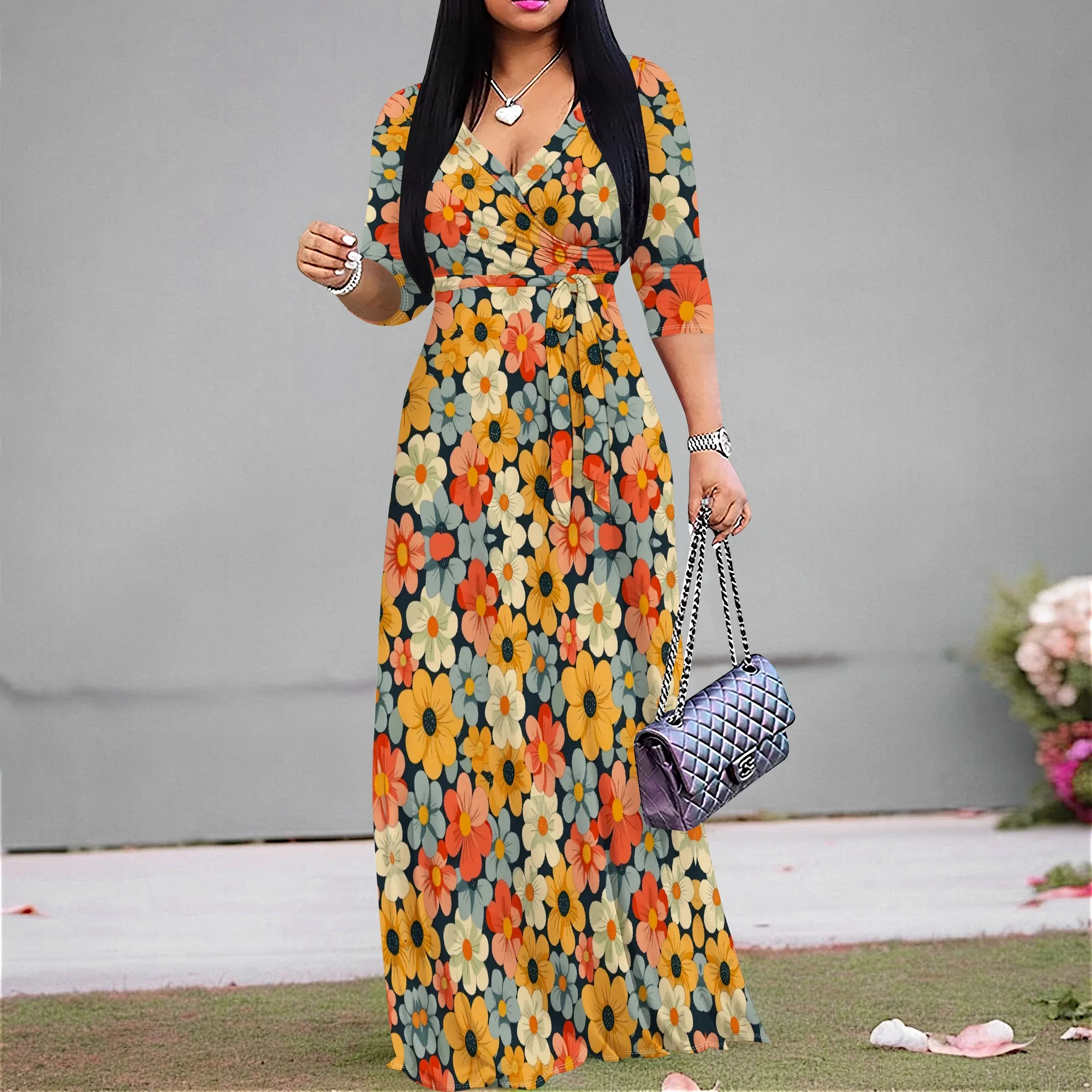 

Vintage Flowers Graphics Dresses for Women Casual Sexy V Neck 3/4 Sleeves Fashion Dress Ruched Belted Trendy Maxi Dress