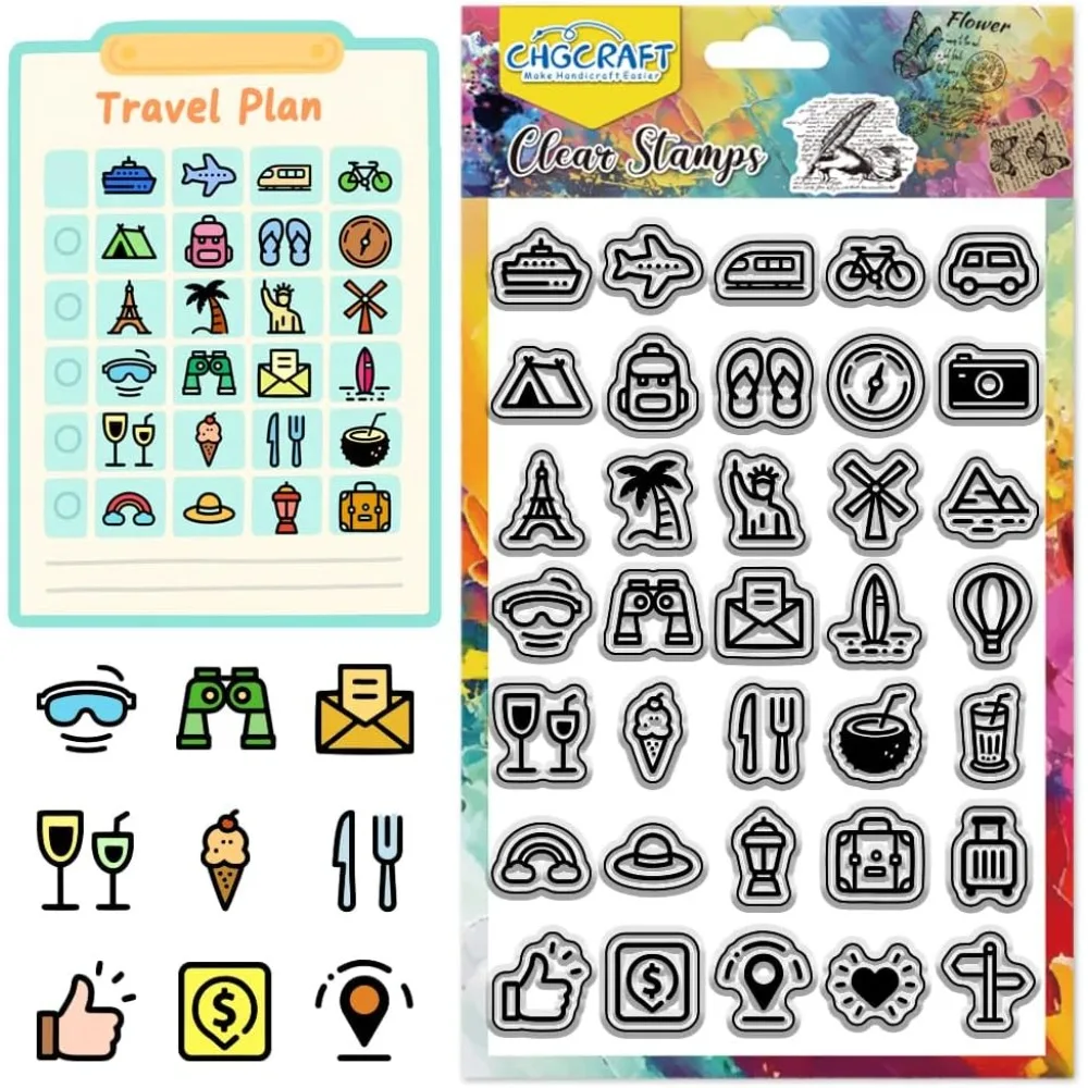 Travel Elements Mini Icon Clear Stamps Transportation Icon Transparent Stamps Famous Attractions Clear Stamp Seals