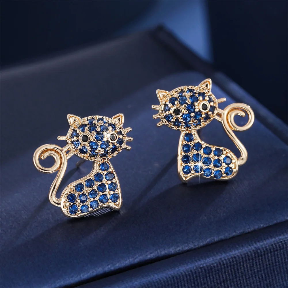 White Zircon Cute Animal Small Cat Stud Earrings For Women Fashion Gold Silver Color Ear Studs Wedding Jewelry Mother's Day Gift view 3