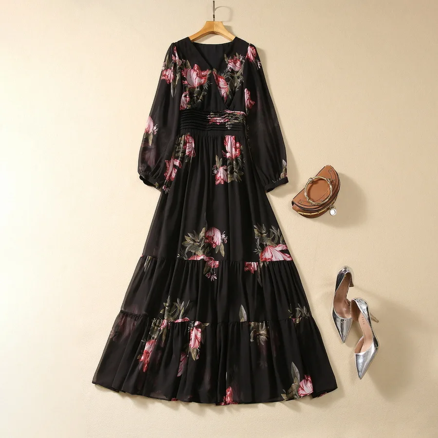 

European and American women's dress 2023 winter new V-neck Long sleeve black flower print fashion Pleated dress XXL