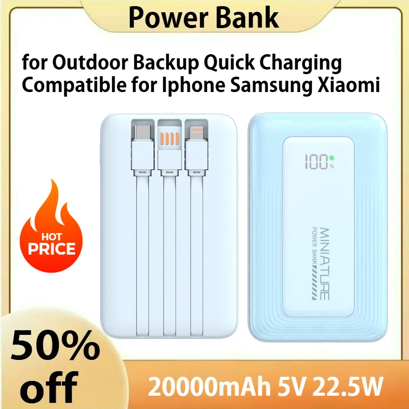 

20000mAh Portable Power Bank with Built-In Cable for Outdoor Backup Quick Charging Compatible for Iphone Samsung Xiaomi