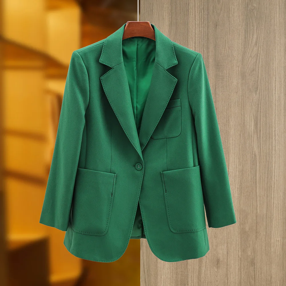

Spring Autumn Large Pocket Beaded Split Profile Suit Jacket High Quality Green Black Brown Women's Fashion Upperwear