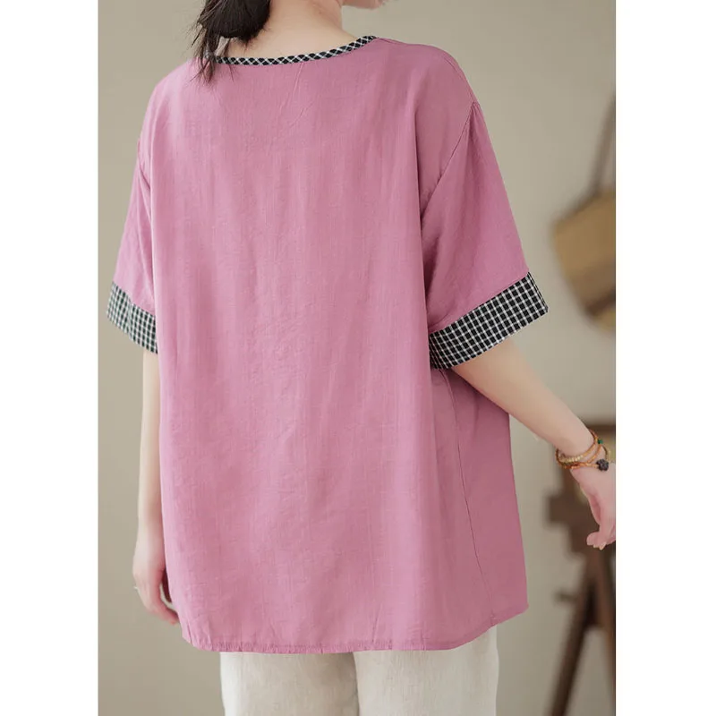 Women's Clothing Fashion Printed Spliced Solid Color T-shirt 2023 Summer Korean Casual Female Short Sleeve V-Neck Loose Tops