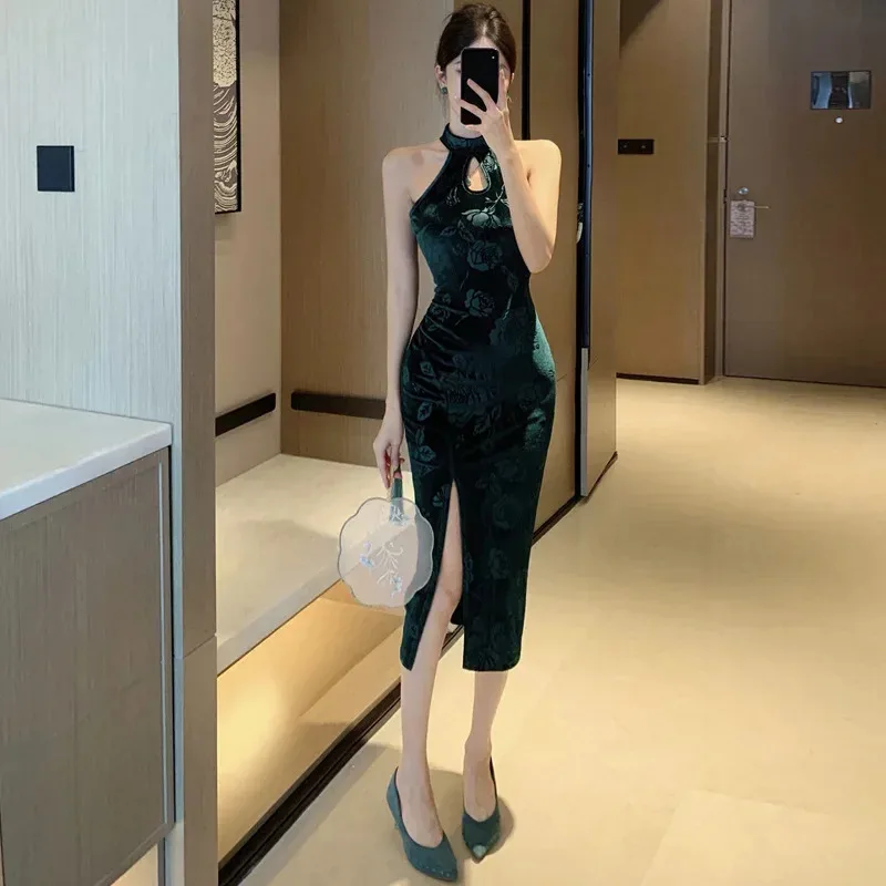 빈티지 그린 프린트 Cheongsam 새로운 중국 스타일 벨벳 드레스 섹시한 분할 Vestidos 레이디 가을 드레스 Qipao Vestidos