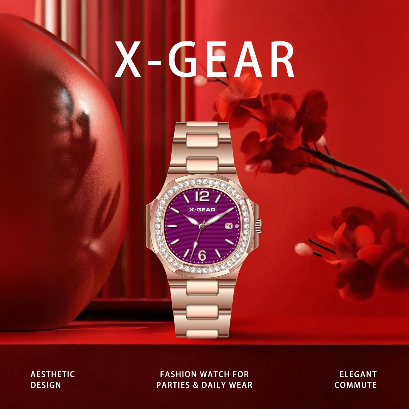 X-GEAR Luxury Retro Women's Watch Oversized Silver Dial Stainless Steel Strap Quartz Movement with Date Function