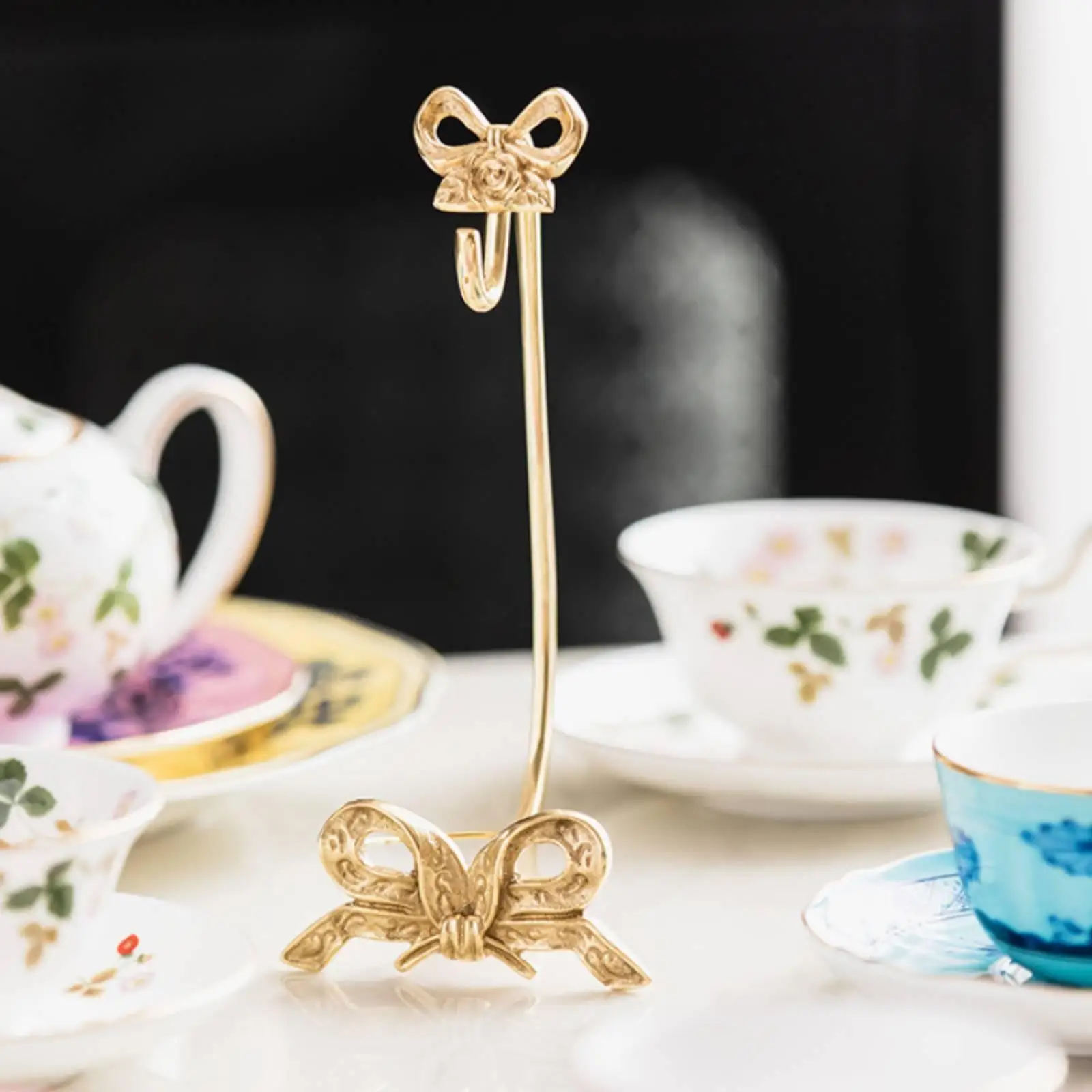 Brass Cup Holder Stand Bow Motif Brass Teacup Rack Weighted Base