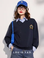 LOUIS YAO 2024  Age-reducing Shirt Collar Fake Two-piece College Style Embroidered Logo Long-sleeved Women's Sweatshirt