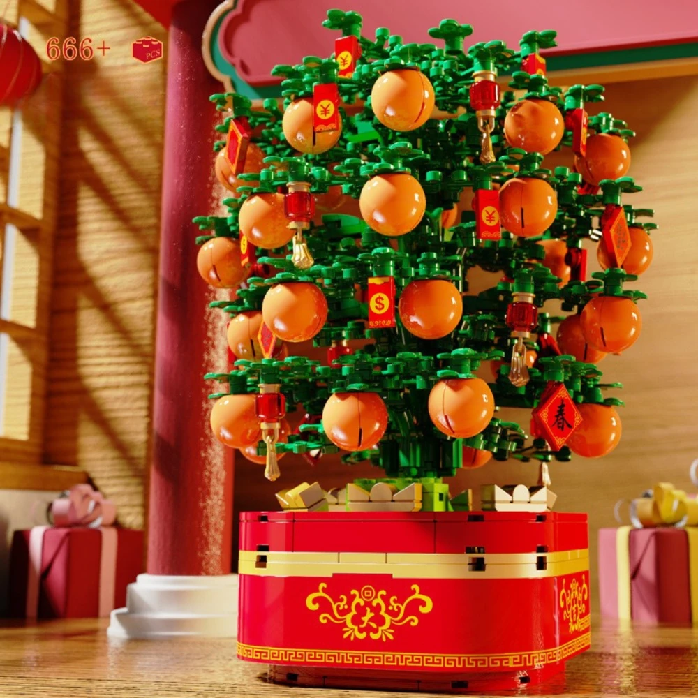 

MOC вращающаяся новогодняя музыкальная шкатулка с оранжевым деревом, набор строительных блоков, благословение и удача, цветочное растение со световыми игрушками, подарки для детей