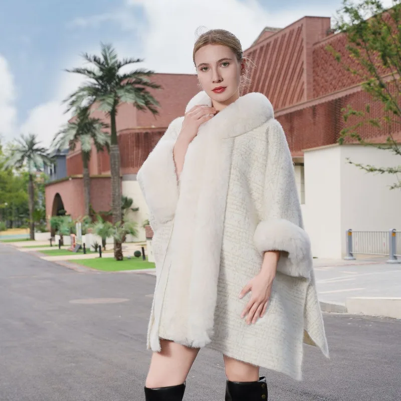 ZXRYXGS 2025 New Fashion Faux Fur Collar Warm Shawl Cardigan Mid Long Loose Thick Coat Versatile Hooded Autumn and Winter Shawl