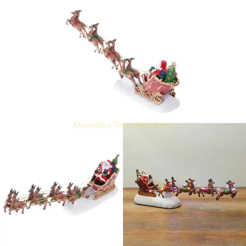 

QX2E Glowing Christmas Resin Ornament Christmas Santa Deer Pulling Cart