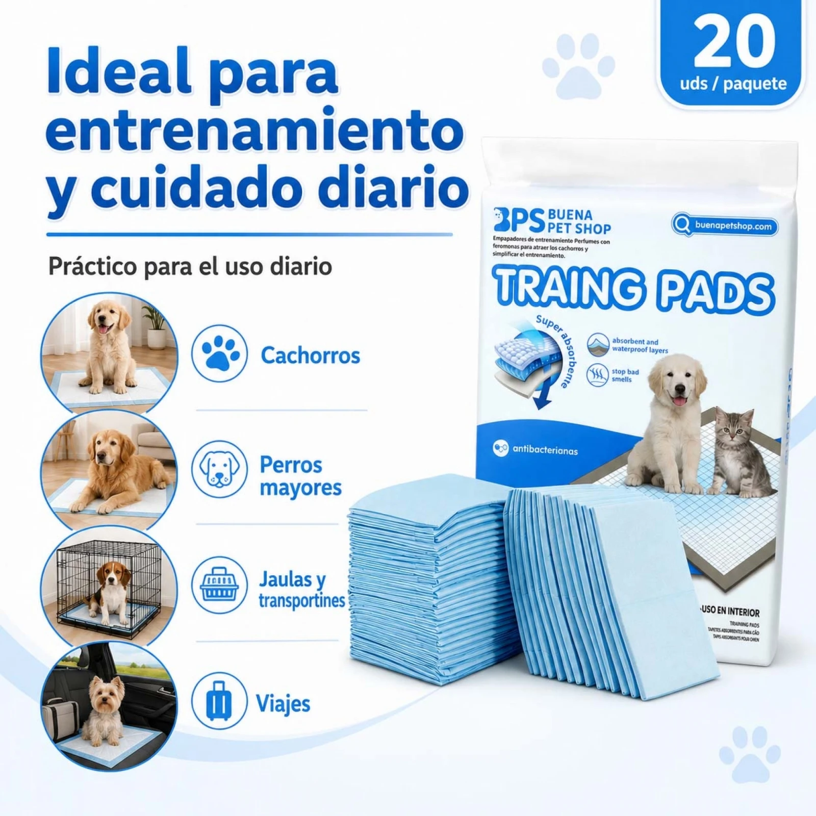 Tapis d'entraînement pour chiens et chats 60x90cm, 20 unités, tapis absorbants 5 couches avec gel polymère, lingettes hygiéniques jetables pour animaux de compagnie et chiots