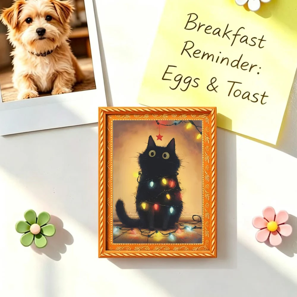 1 Piece Christmas Black Cat Light-Up Frame Fridge Magnet, Vintage Oil Painting Magnetic Sticker, Holiday Home Fridge Decoration Gift, Vintage Gold Border, Wooden Fridge Magnet, Exquisite Kitchen Fridge Door Decoration, Home Decor Item