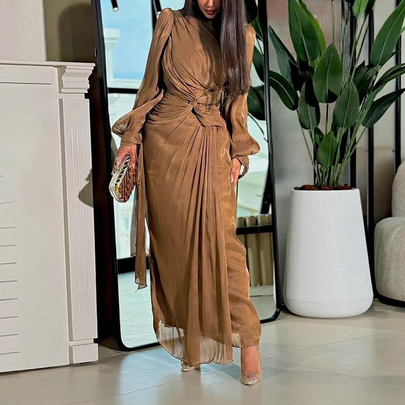

Elegant O-neck High Waist Pleated Robe Dress Office Lady Slim Fit Solid Color Banquet Dress Casual Lantern Sleeve Holiday Dress